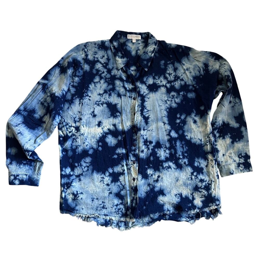 P.J. Salvage Indigo Tie Dye Distressed Pajama Shirt, Blue, Size M